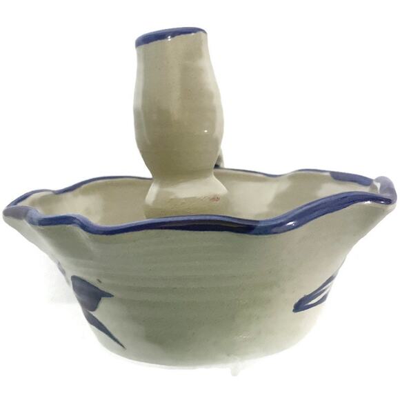 Williamsburg Pottery Finger Candle Holder Blue and Beige 5" Tall - Picture 10 of 12